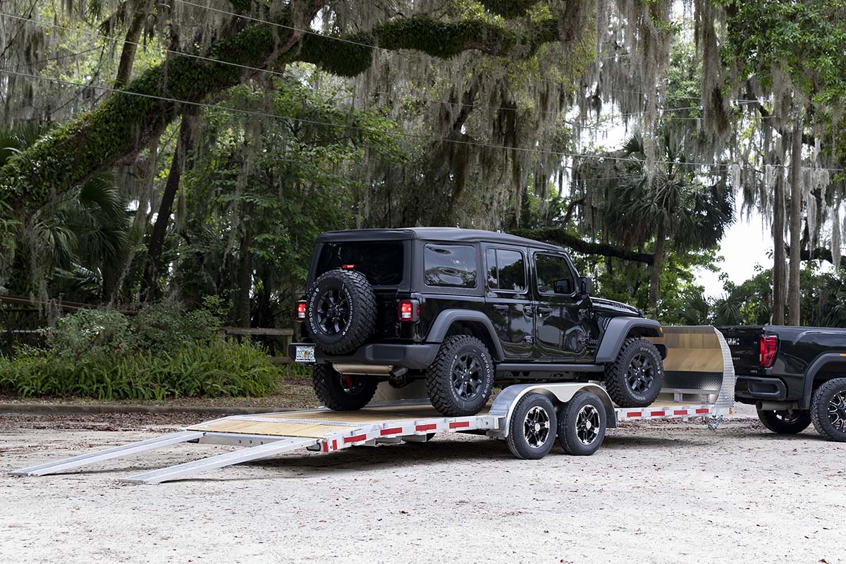 Open Wood Deck Car Hauler Loaded